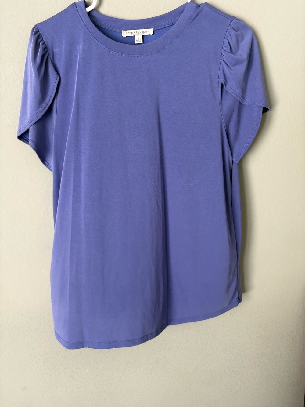 Green Envelope Periwinkle Blue Tulip Ruched Sleeve Top Women's Medium